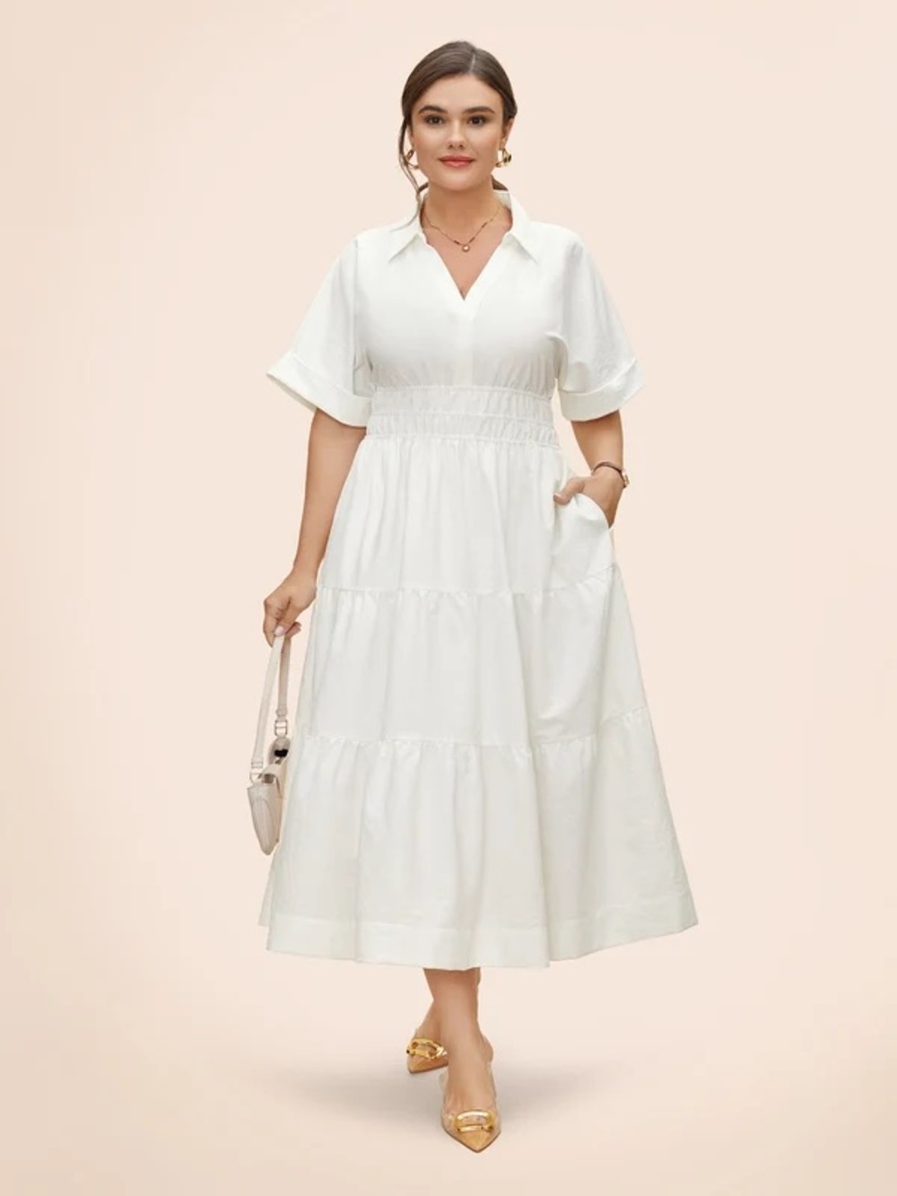 Women's White Collared Tiered Midi Dress